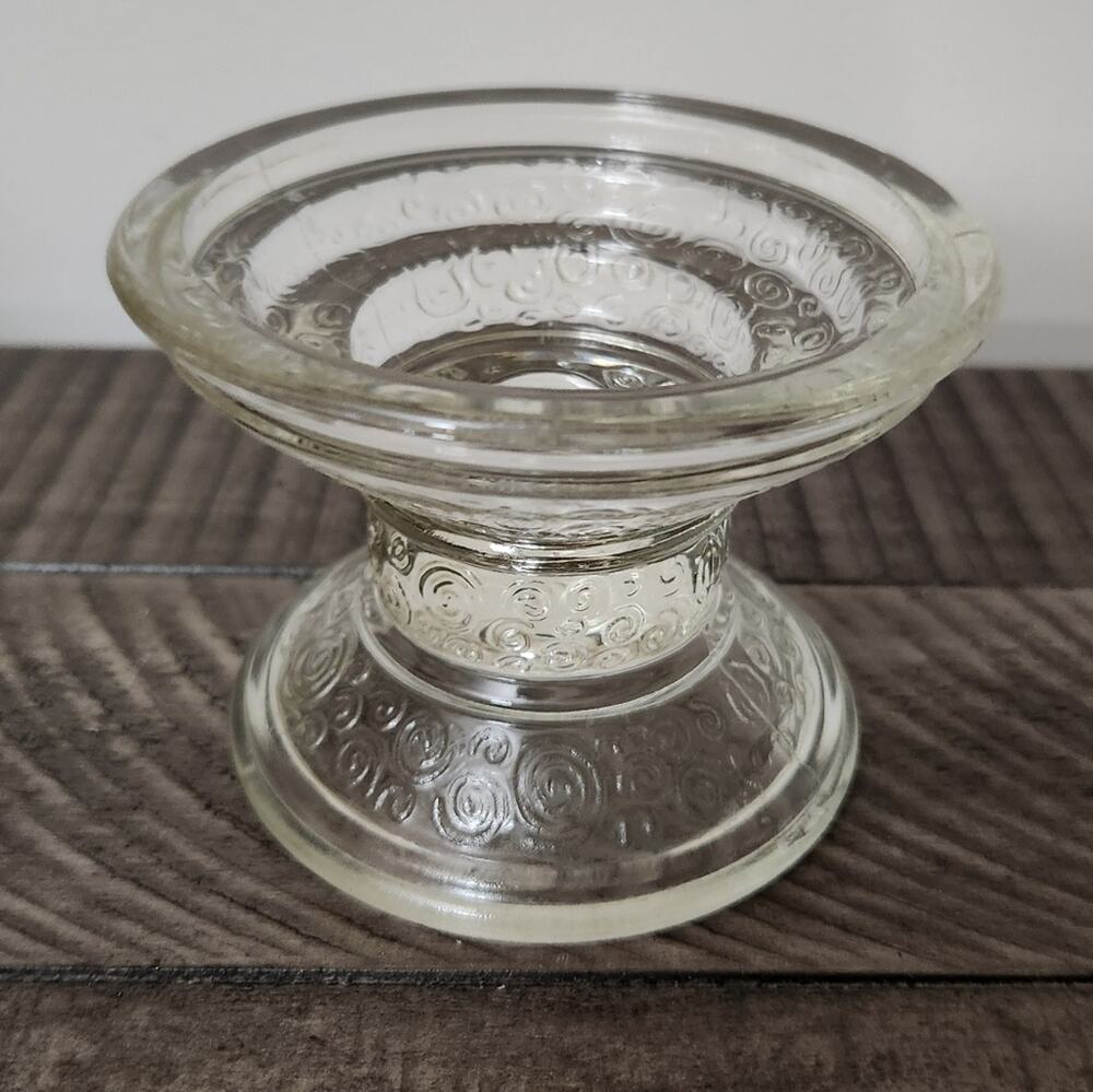 Vintage MCM Candle Holder Taper or Pillar Scroll Circle Pattern Clear Glass